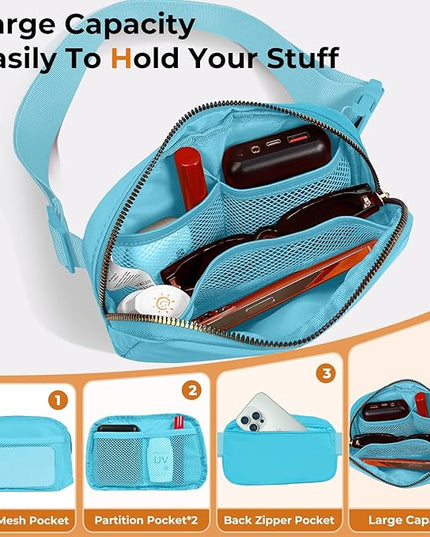 Cwualo Belt Bag Zipper Fanny Pack Crossbody Bags for Women,Fashion Nylon Waist Packs, Water Repellent Two Way wear with Adjustable Strap Gifts for Teenage Girls Women Men (lake blue)