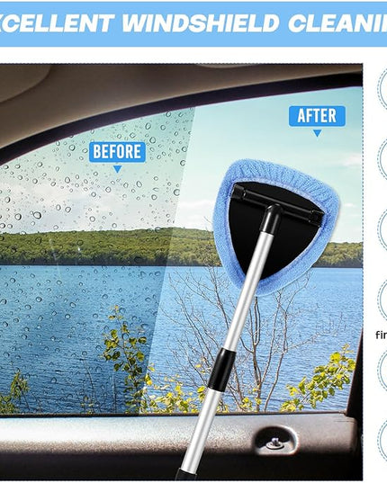 Baderke 10 Pcs Windshield Cleaner Tool Car Window Cleaning Supplies with Extendable Handle Include 6 Washable Microfiber Bonnets 2 Empty 60ml Spray Bottle Glass Wiper Kit(Light Blue)