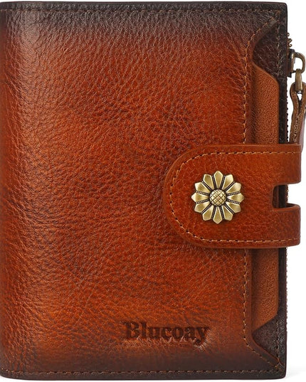 Blucoay Wallet Women,RFID Blocking Leather Womens Wallet Bifold Compact Card Holder Small Wallet for Women with Removable ID Window Brown