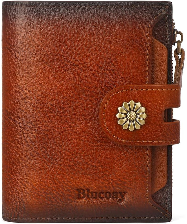 Blucoay Wallet Women,RFID Blocking Leather Womens Wallet Bifold Compact Card Holder Small Wallet for Women with Removable ID Window Brown