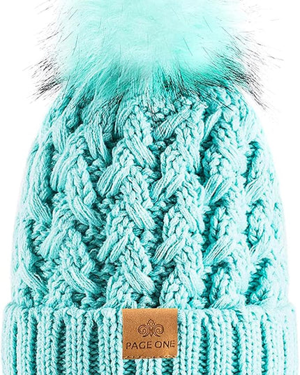 PAGE ONE Womens Winter Ribbed Beanie Crossed Cap Chunky Cable Knit Pompom Soft Warm Hat