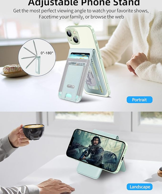 For Magsafe Wallet Stand, Magnetic Wallet for iPhone 17/16/15/14/13/12 Series, Magnetic Card Holder, ID Window, 4 Card Slots, 10 Cards Holder, Vegan Leather, RFID Blocking, Green