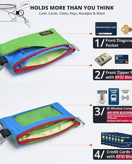 RFID Travel Wallet with Adjustable Lanyard-Zipper Small Wallet with ID Card Holder, Keychain for women&men-Minimalist Slim Waterproof Nylon case for ID, Cash, Key (Green+SkyBlue)