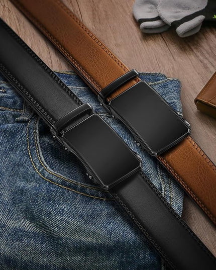 KEMISANT Men Belt 2 Pack, Leather Ratchet Belt Easy Click Slide For Men 1 3/8",Cut for Fit