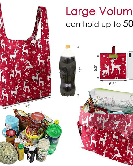 BeeGreen Christmas Reusable Grocery Bags with Zipper Storage Pouch 10 Packs Deer Reusable Shopping Bags Bulk with Elastic Band Foldable-Machine Washable Christmas Gifts Tote Bags