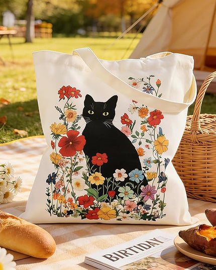 Women's Canvas Tote Bag - Black Cat Print Canvas Tote with Inner Pocket, Large Shoulder Bag for Gym,College,Library,Shopping