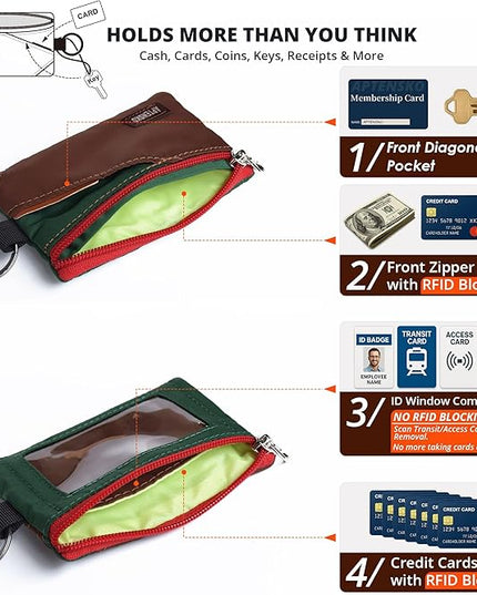 RFID Travel Wallet with Adjustable Lanyard-Zipper Small Wallet with ID Card Holder, Keychain for women&men-Minimalist Slim Waterproof Nylon case for ID, Cash, Key (Coffee+DarkYellow)