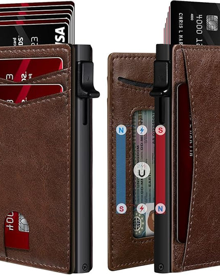 RUNBOX Slim Card Wallet for Men with ID Window – Minimalist RFID Wallet, Pop-Up Function, Ultra Thin Design, Metal Business Card Case Holds 8+ Cards, Gifts for Men, Men's Accessories