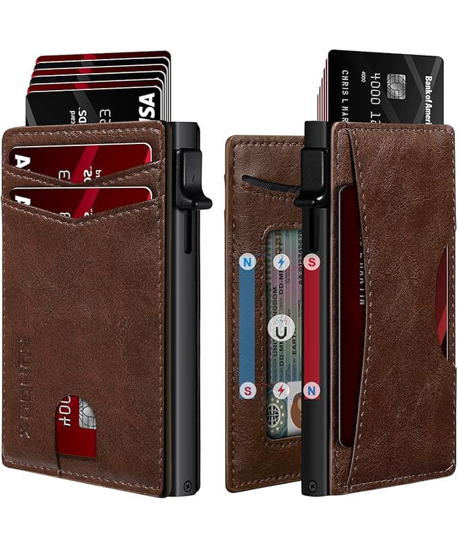 RUNBOX Slim Card Wallet for Men with ID Window – Minimalist RFID Wallet, Pop-Up Function, Ultra Thin Design, Metal Business Card Case Holds 8+ Cards, Gifts for Men, Men's Accessories