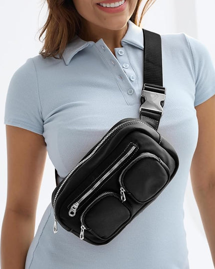 Women's Zipper Pockets Fanny Packs Nylon Waist bag Everywhere Belt bag (Black)