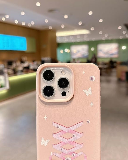 Elegant Lovely Bow Phone Case for iPhone 14 Pro, Stylish Ballet Ribbon Girly Cover with Wrist Strap, Aesthetic Soft Pink Tone, Designed for Women and Girls