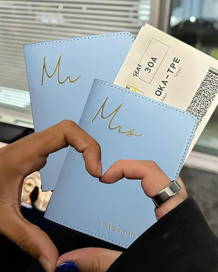 Mr&Mrs Gifts Matching Passport Covers for Mr and Mrs, Husband and Wife Gits - Engagement Gifts for Couples, Honeymoon Travel Essentials Gift for Newlyweds(MM Light Blue)