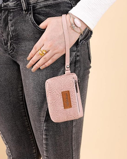 Montana West Wrangler Coin Purse for Women RFID-blocking Floral Embossed Change Pouch Wristlet Wallet Lightweight Portable Wallets Pink