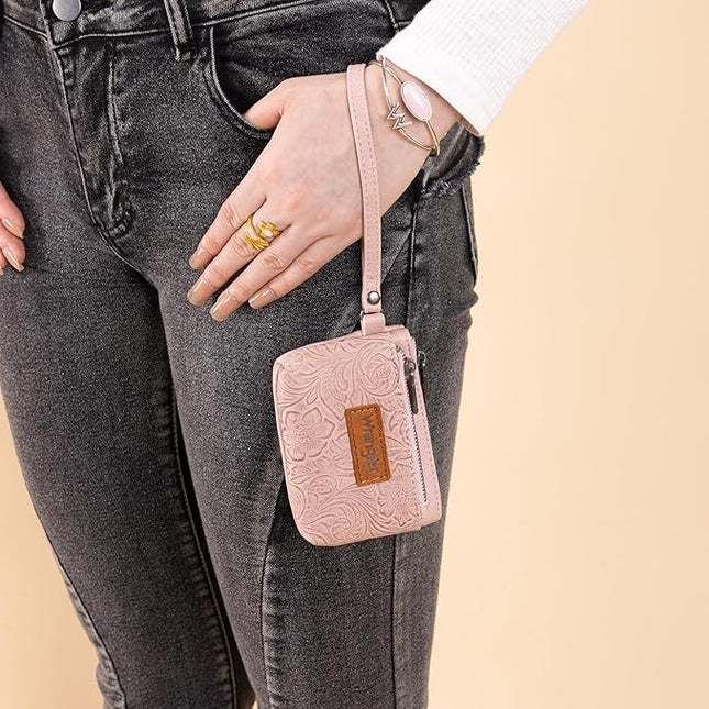 Montana West Wrangler Coin Purse for Women RFID-blocking Floral Embossed Change Pouch Wristlet Wallet Lightweight Portable Wallets Pink