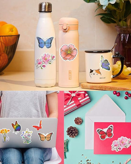 200 Pieces Mixed Butterfly Flower Stickers for Water Bottles Vinyl Waterproof Laptop Stickers Cute Decals Flower Gifts for Travel Luggage Skateboard Guitar Adults, 4 Styles