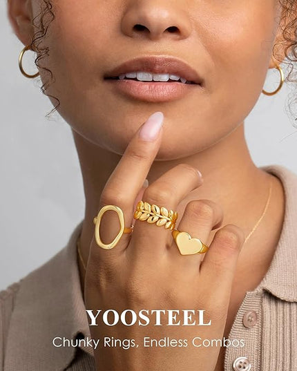 YOOSTEEL Valentines Day Gifts for Her Womens Chunky Gold Rings - 12 PCS Hypoallergenic 14K Gold Plated Thick Stackable Open Rings for Women Non Tarnish Dainty Gold Adjustable Ring Stack Set Trendy Jewelry