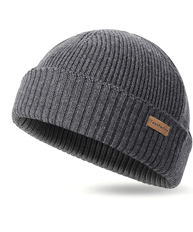 100% Merino Wool Fisherman Beanie for Men Women, Short Knit Cuff Trawler Winter Hat, Warm Soft Outdoor Gift