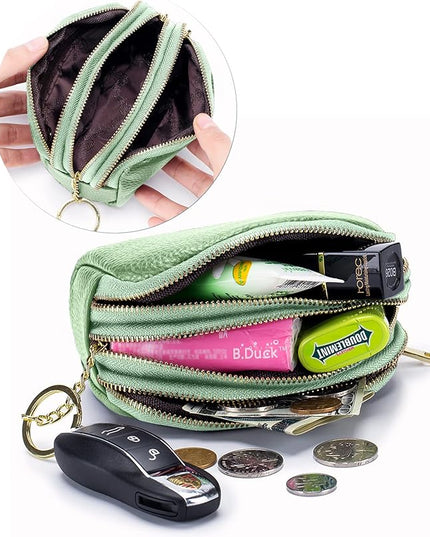 LINNO 3 Zippered Genuine Leather Coin Purse Triple Capacity Change Pouch Little Travel Wallet With Key Ring for Women