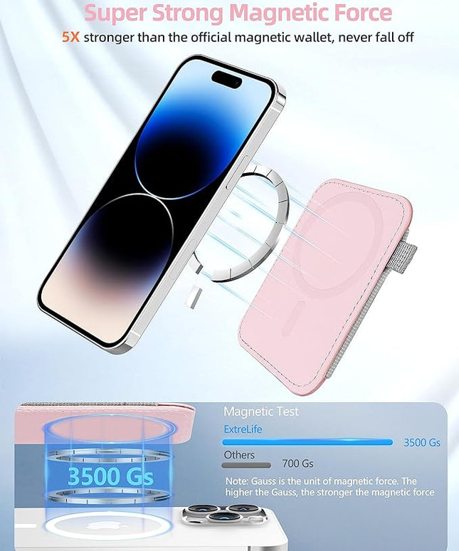 For Magsafe Wallet, Strongest Magnetic Wallet for iPhone 17/16/15/14/13/12 Series, for Magsafe Card Holder with 2 Card Slots, Magnetic Card Holder, RFID Blocking, Vegan Leather, Fit 7 Cards, Pink