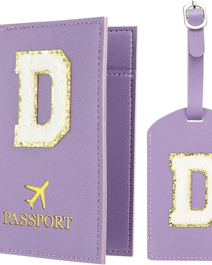 PATIKIL Passport Holder for Travel, Initial Passport Cover and Luggage Tag Set with Alphabet Chenille Letter Patch Travel Wallet Bag Suitcase Identifier for Women Family Travel Purple D