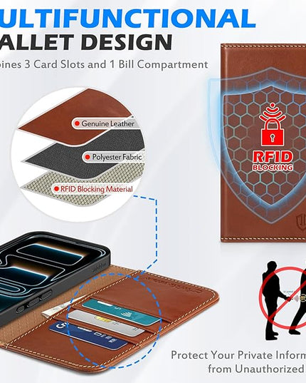 SHIELDON Genuine Leather Wallet Case for iPhone 17 Pro 6.3" 2025 | Flip Cover | Magnetic Closure | RFID Blocking Credit Card Holder | Kickstand | Shockproof Phone Cover | Retro Brown
