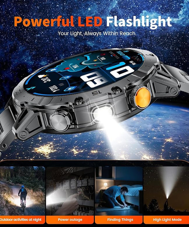 Smart Watches for Men 1000mAh Battery/Flashlight/3 Straps, 1.7" Ultra HD Screen Outdoor Smartwatch with 111 Sports Modes, Heart Rate/Sleep/Calorie Monitor, 5ATM Waterproof Fitness Tracker Android iOS