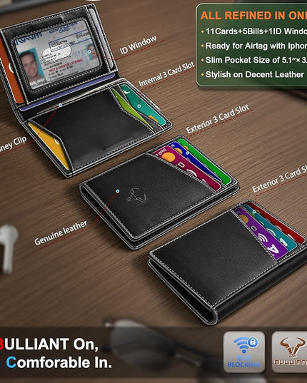 BULLIANT Men Wallet,Top Grain Leather Slim Wallet Magnetic Closure Simplifed Bill Folder RFID Blocking 11Cards