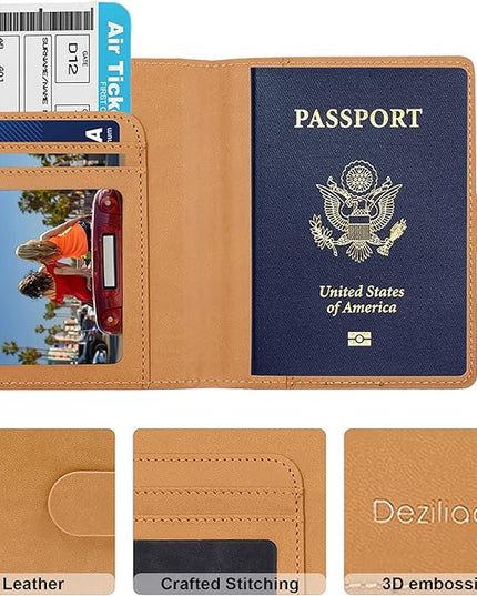 Deziliao Passport Wallet, Brown, Unisex, Faux Leather, Lightweight, Waterproof, RFID Blocking, Slim, 20W