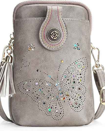 Small Crossbody Bags for Women, Lightweight Mini Cute Cell Phone Purse for Women with Tassel Shining Butterfly