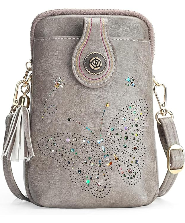 Small Crossbody Bags for Women, Lightweight Mini Cute Cell Phone Purse for Women with Tassel Shining Butterfly