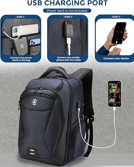 Swissdigital Design Men's Laptop Backpack for College and Business Travel with Integrated USB Charging Port and RFID Protection Fits Laptops up to 15.6 inch, Blue | SD1695-12