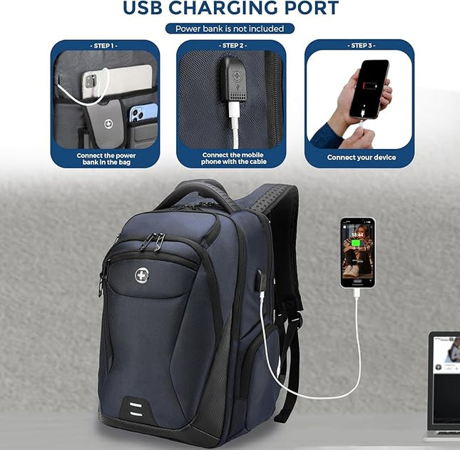 Swissdigital Design Men's Laptop Backpack for College and Business Travel with Integrated USB Charging Port and RFID Protection Fits Laptops up to 15.6 inch, Blue | SD1695-12