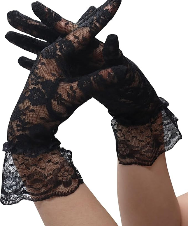 ATHX Women's Lace Floral Opera Tea Party Gloves 80s Wrist Length Bridal Wedding Prom Gloves Costume Accessories