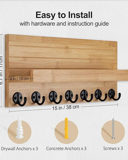 Lwenki Key Holder Wall Mount, Entryway Key and Mail Holder with 7 Sturdy Hooks for Sunglasses, Dog Leash, Decorative Wall Shelf with Mounting Hardware, 15”W x 6.7”H x 4.2”D