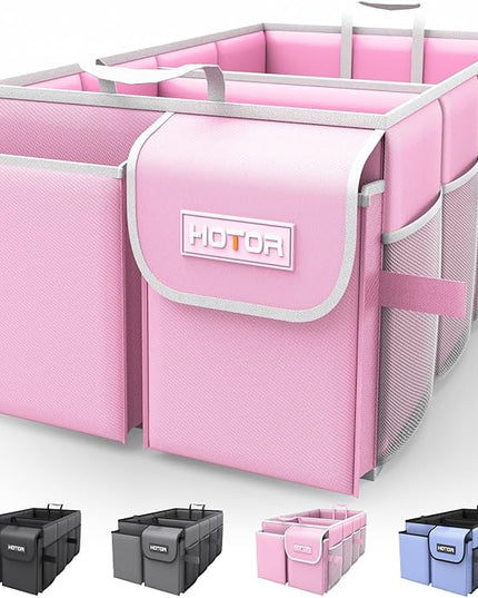 HOTOR Foldable Trunk Organizer - SUV & Sedan Compatible, 2 Compartments, Pink, 23.6"14.2"10.6" Sturdy Car Organization for Accessories, Tools, Sundries