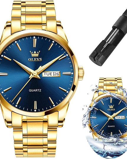 OLEVS Men's Luxury Watch Waterproof Luminous Easy Read Chronograph Watches Full Gold/White Dail/Black Face with Calendar Wristwatch