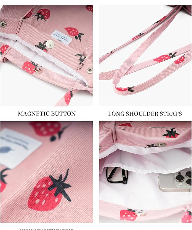 Corduroy Tote Bag Cute Tote Bags for Women Shoulder Bag with Inner Pocket for Work Beach Travel and Shopping Grocery