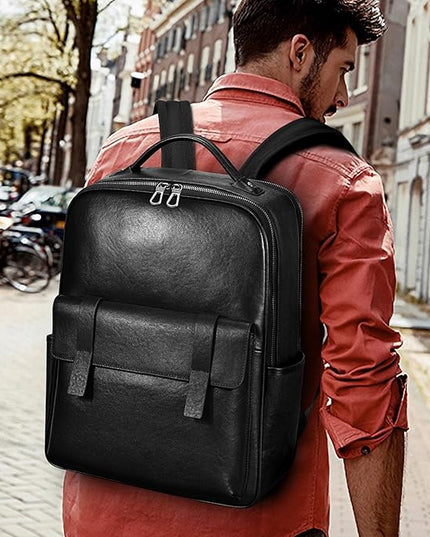 Men's Black Leather Backpack for Work Travel, Durable Genuine Leather Laptop Backpack with 15.6-inch Computer Compartment, Stylish Professional Designer