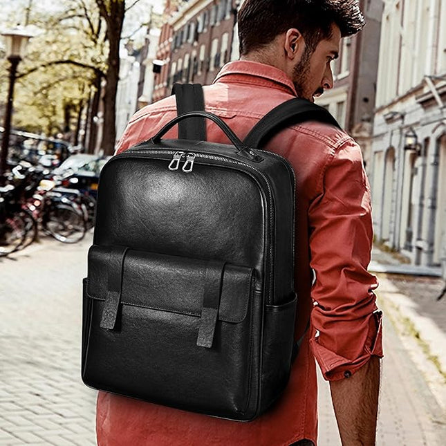 Men's Black Leather Backpack for Work Travel, Durable Genuine Leather Laptop Backpack with 15.6-inch Computer Compartment, Stylish Professional Designer
