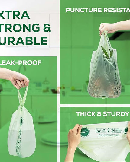 ANECO 100% Compostable Food Waste Bags 2.6 Gallon With Handles, Small Compost Bags for Countertop Bin, OK Compost HOME & BPI Certified Compostable Kitchen Food Waste Bag (45 Count)