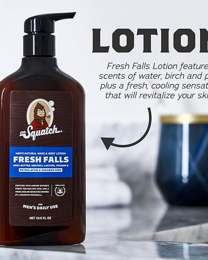Dr. Squatch Natural Hand and Body Lotion for Men - Made with Shea Butter, Coconut Oil, Vitamin E for 24-Hr Moisturization - Pine Tar & Fresh Falls (10 fl oz, 2-Pack)