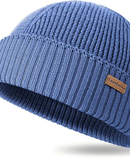 100% Merino Wool Fisherman Beanie for Men Women, Short Knit Cuff Trawler Winter Hat, Warm Soft Outdoor Gift