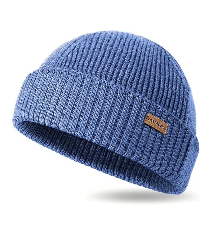 100% Merino Wool Fisherman Beanie for Men Women, Short Knit Cuff Trawler Winter Hat, Warm Soft Outdoor Gift