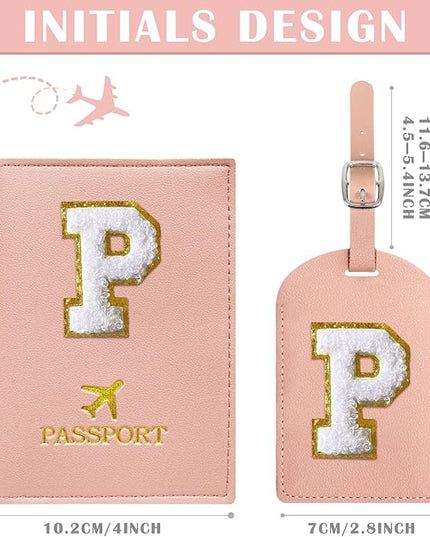 COSHAYSOO Passport Cover and Initial Luggage Tag Set with Preppy Chenille Letter Patch, Trendy Traveling Bag Backpack Suitcase Identifier Stocking Stuffer Gifts for Women Girls Pink P