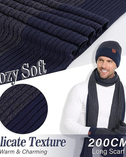 FZ FANTASTIC ZONE Mens Winter Knit Hat Beanie Long Neck Scarf Touchscreen Gloves Set Fleece Skull Caps Gifts for Men Women