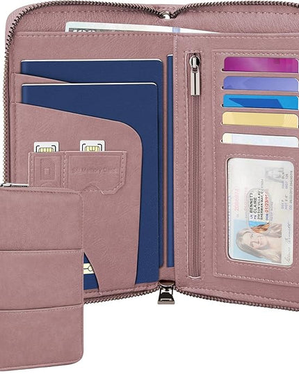 Family Passport Holder Wallet with Zipper, RFID Blocking Travel Document Organizer, PU Leather Passport Wallet for Women Men, Passport Cover Travel Wallet for Boarding Pass, ID, Money, Tickets