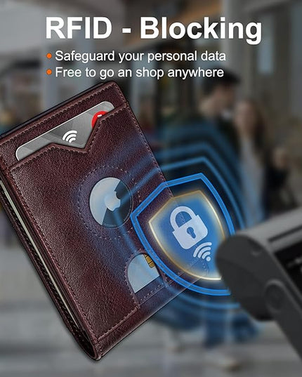 miyozi Airtag Wallet for Men,with Cash Pocket 2 ID Window 13 Cards,Slim Leather Wallet Front Pocket Card Holder RFID Blocking with Gift Box