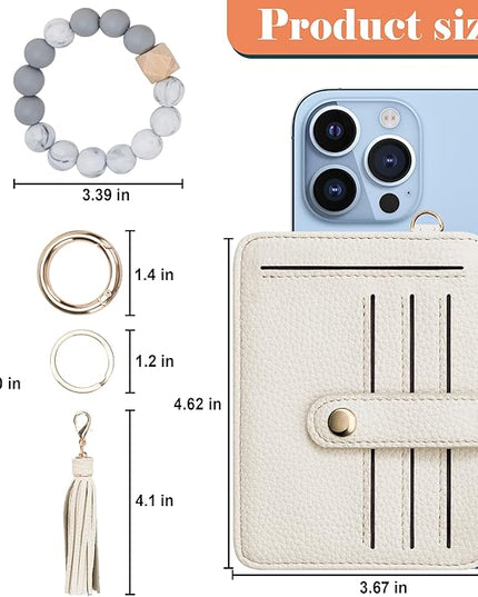Keychain Wallet with Bracelet RFID Blocking Wristlet Credit Purse Card Holder, Silicone Bead Tassel Key Ring for Women