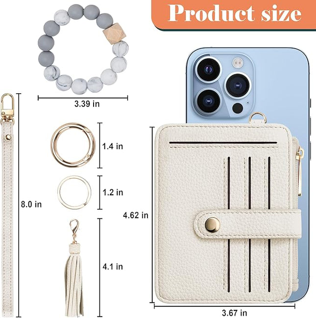 Keychain Wallet with Bracelet RFID Blocking Wristlet Credit Purse Card Holder, Silicone Bead Tassel Key Ring for Women