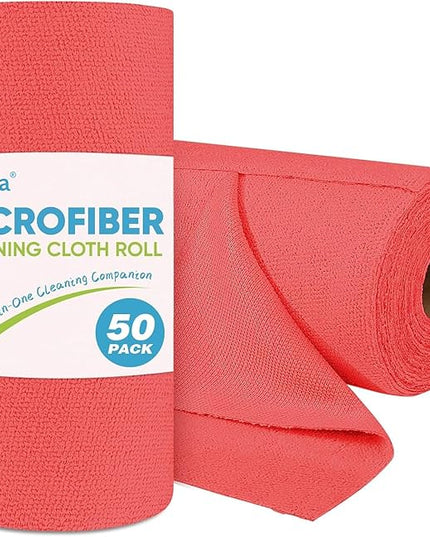 AIDEA Microfiber Cleaning Cloth Roll, 50PK Red, Reusable Paper Towels Tear Away Cloth, Microfiber Towels Washable Shop Rags, Lint Free Cleaning Rags for House, Kitchen, Window, 11.5"×11.5"